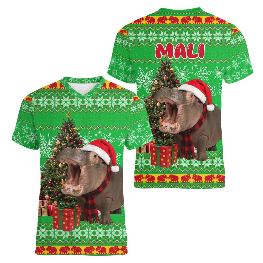 Mali Christmas Women V-Neck T-Shirt with Hippo Santa Hat Snowflakes and Holiday Gift - Wonder Print Shop