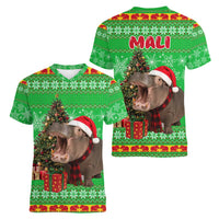 Mali Christmas Women V-Neck T-Shirt with Hippo Santa Hat Snowflakes and Holiday Gift - Wonder Print Shop