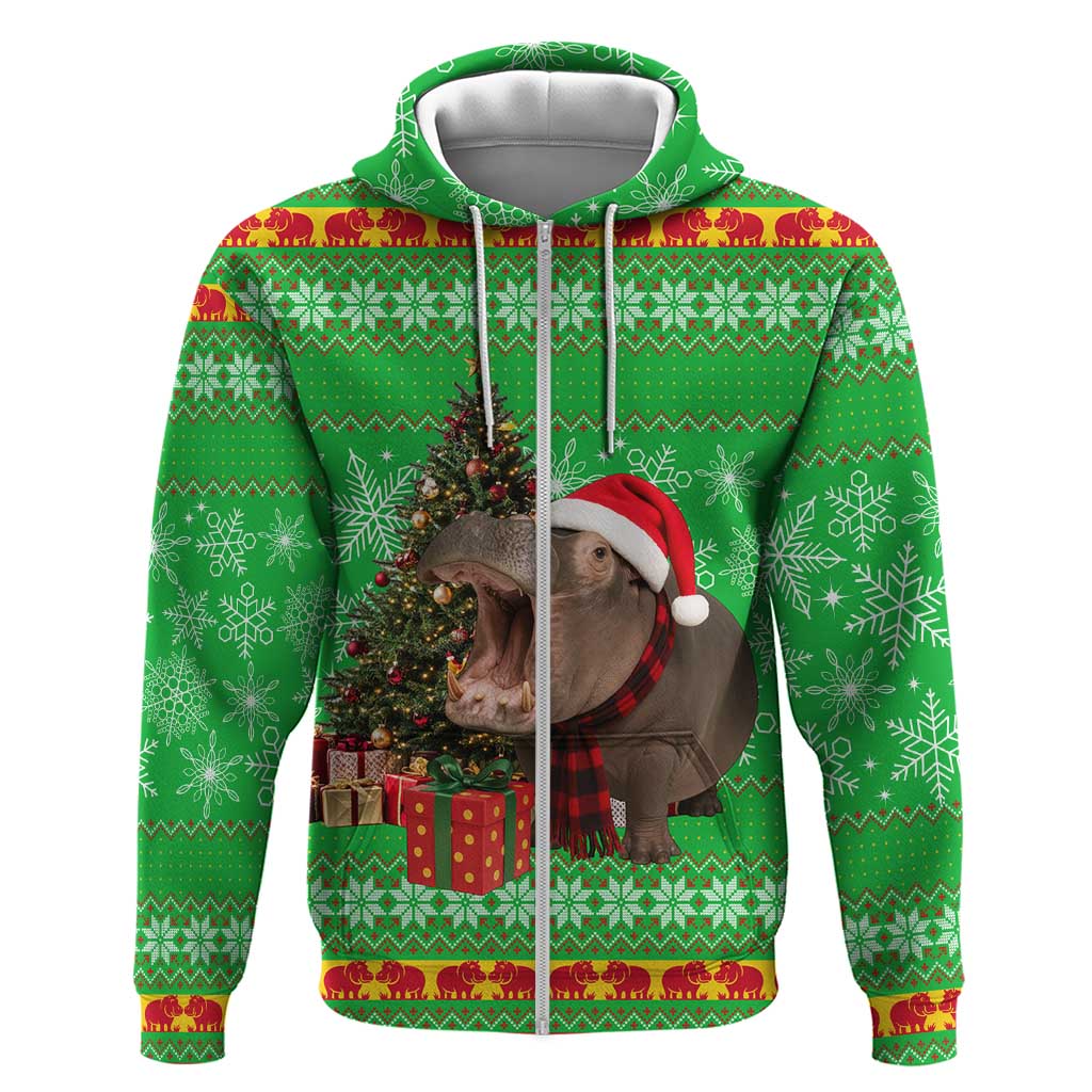 Mali Christmas Zip Hoodie with Hippo Santa Hat Snowflakes and Holiday Gift - Wonder Print Shop