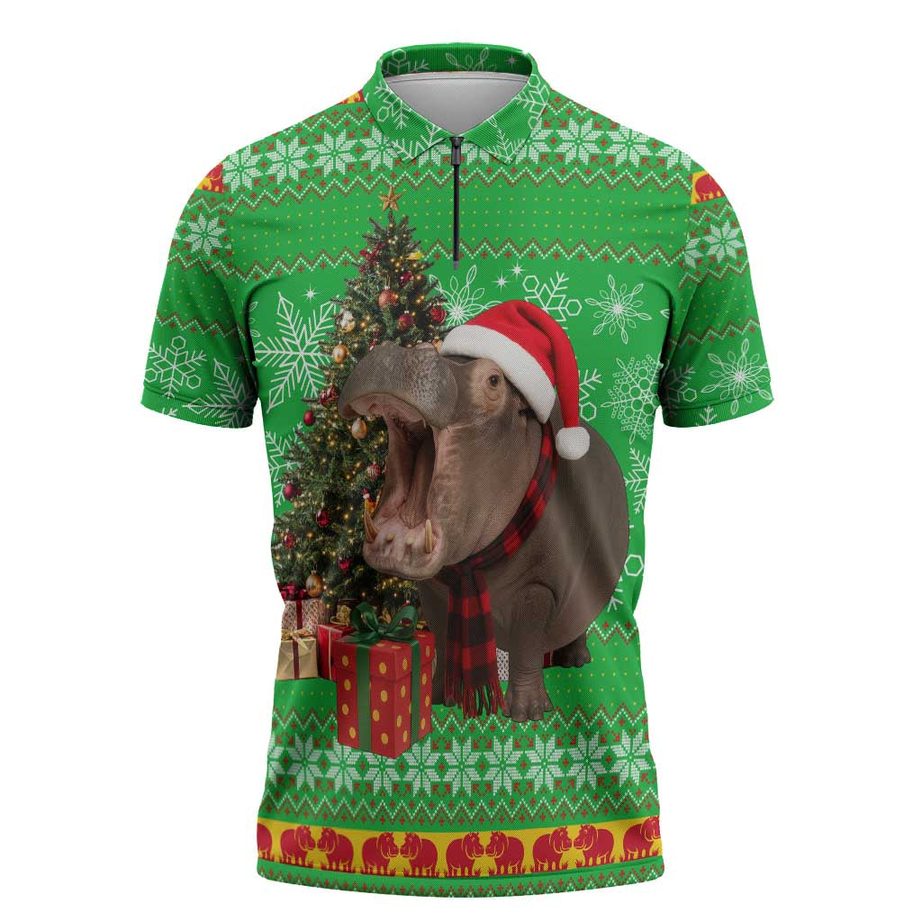 Mali Christmas Zipper Polo Shirt with Hippo Santa Hat Snowflakes and Holiday Gift - Wonder Print Shop