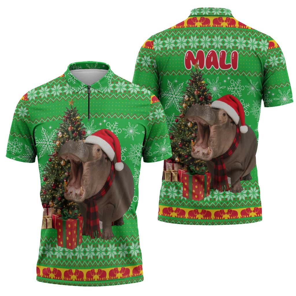 Mali Christmas Zipper Polo Shirt with Hippo Santa Hat Snowflakes and Holiday Gift - Wonder Print Shop