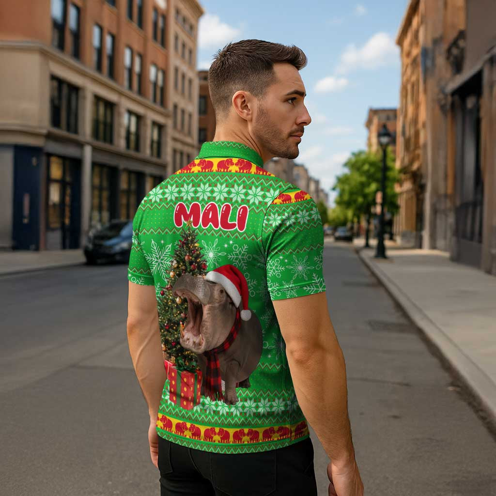 Mali Christmas Zipper Polo Shirt with Hippo Santa Hat Snowflakes and Holiday Gift - Wonder Print Shop