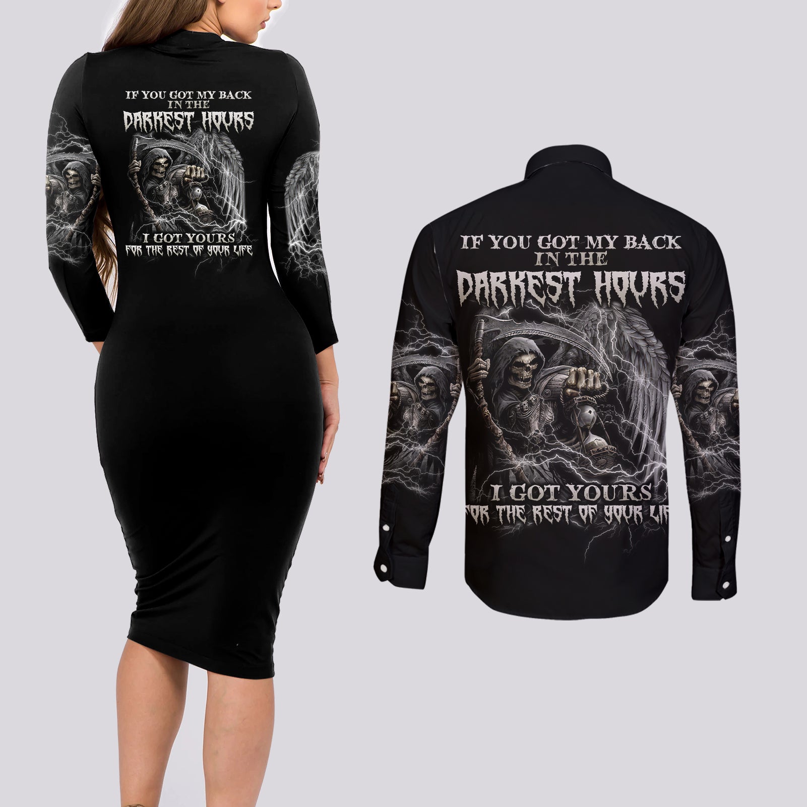 If You Got My Back In The Darkest Hours Couples Matching Long Sleeve Bodycon Dress and Long Sleeve Button Shirt - Wonder Print Shop