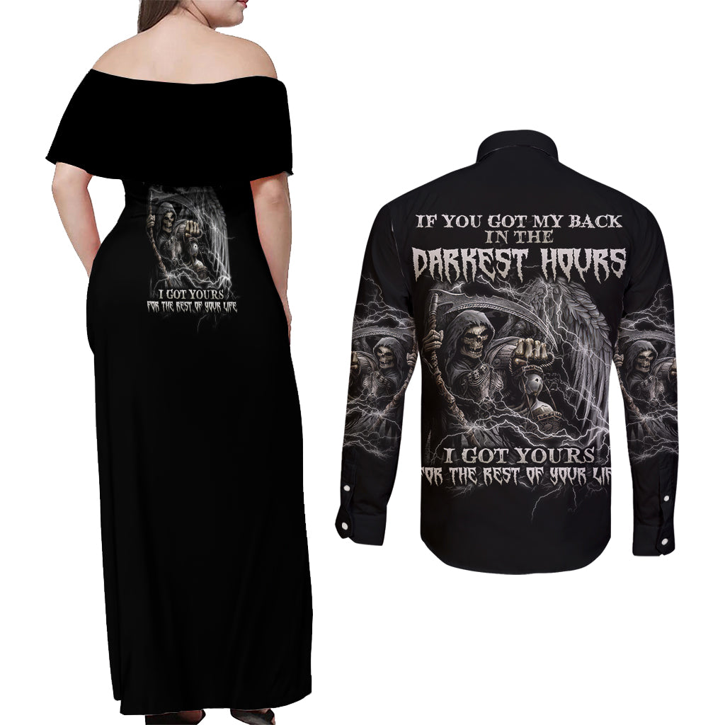 If You Got My Back In The Darkest Hours Couples Matching Off Shoulder Maxi Dress and Long Sleeve Button Shirt - Wonder Print Shop