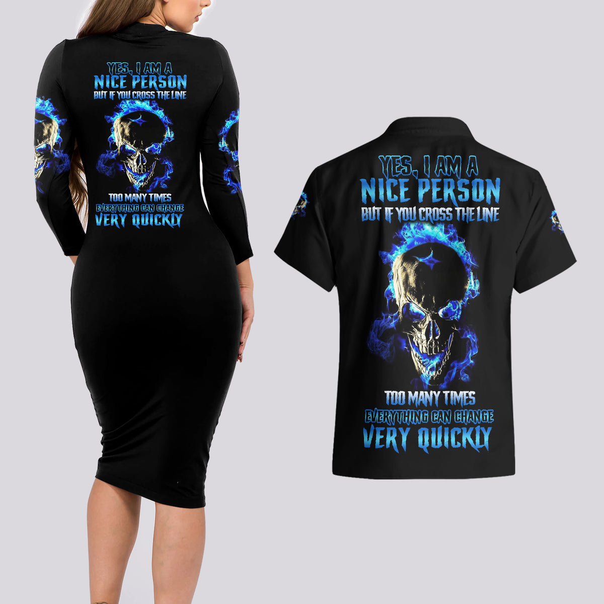 Yes I'm A Nice Person Skull Fire Couples Matching Long Sleeve Bodycon Dress and Hawaiian Shirt - Wonder Print Shop