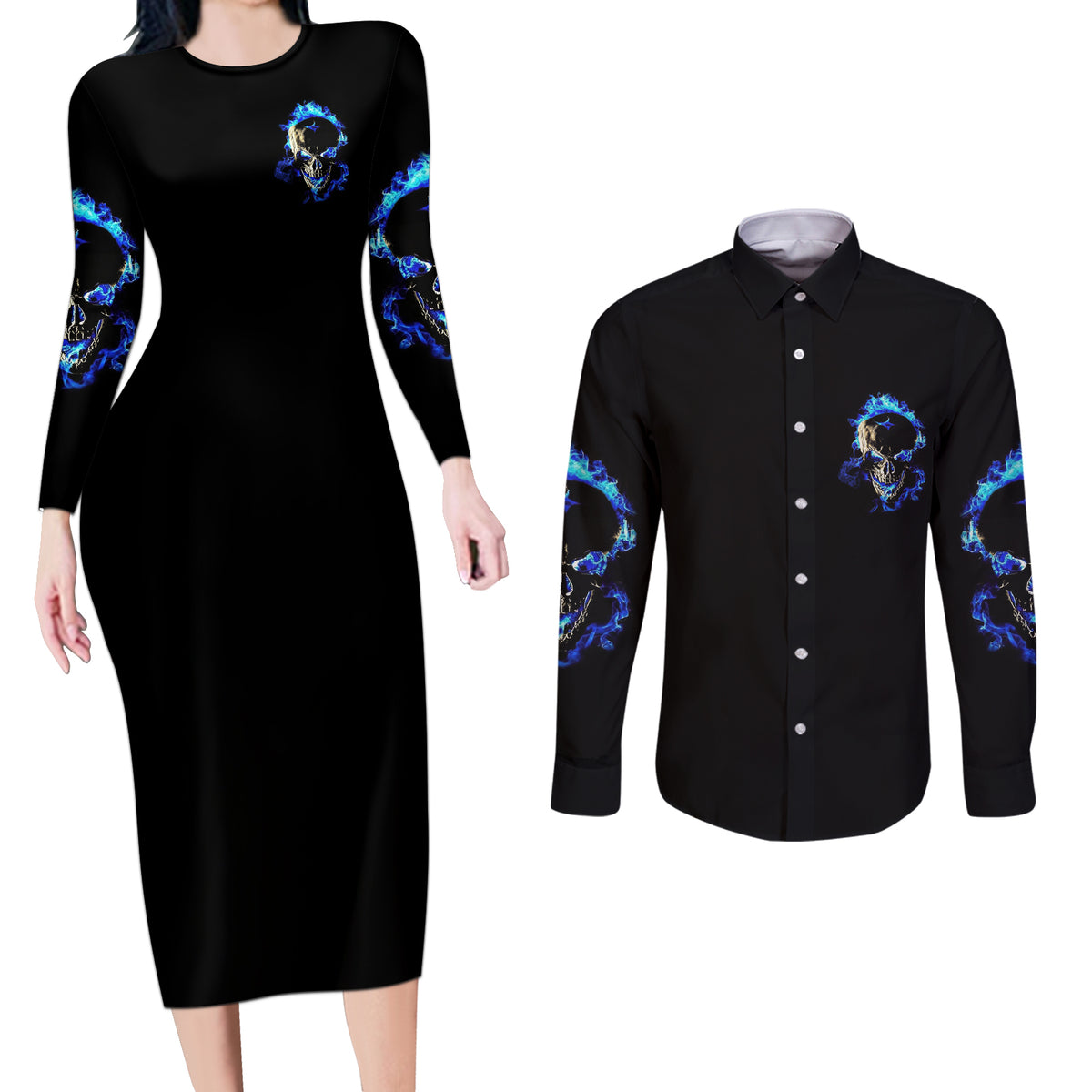 Yes I'm A Nice Person Skull Fire Couples Matching Long Sleeve Bodycon Dress and Long Sleeve Button Shirt - Wonder Print Shop