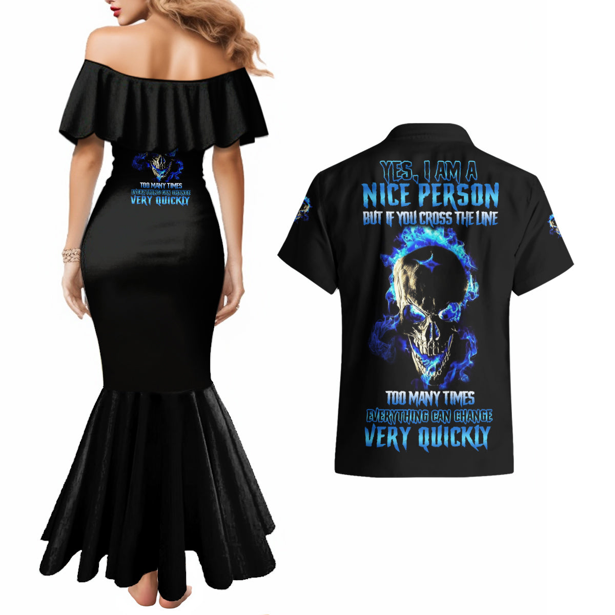 Yes I'm A Nice Person Skull Fire Couples Matching Mermaid Dress and Hawaiian Shirt - Wonder Print Shop