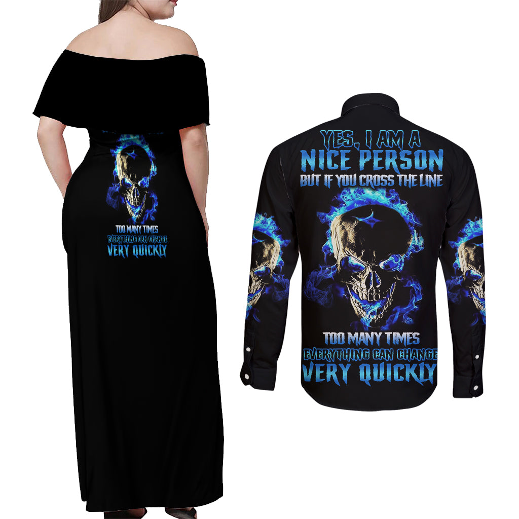 Yes I'm A Nice Person Skull Fire Couples Matching Off Shoulder Maxi Dress and Long Sleeve Button Shirt - Wonder Print Shop