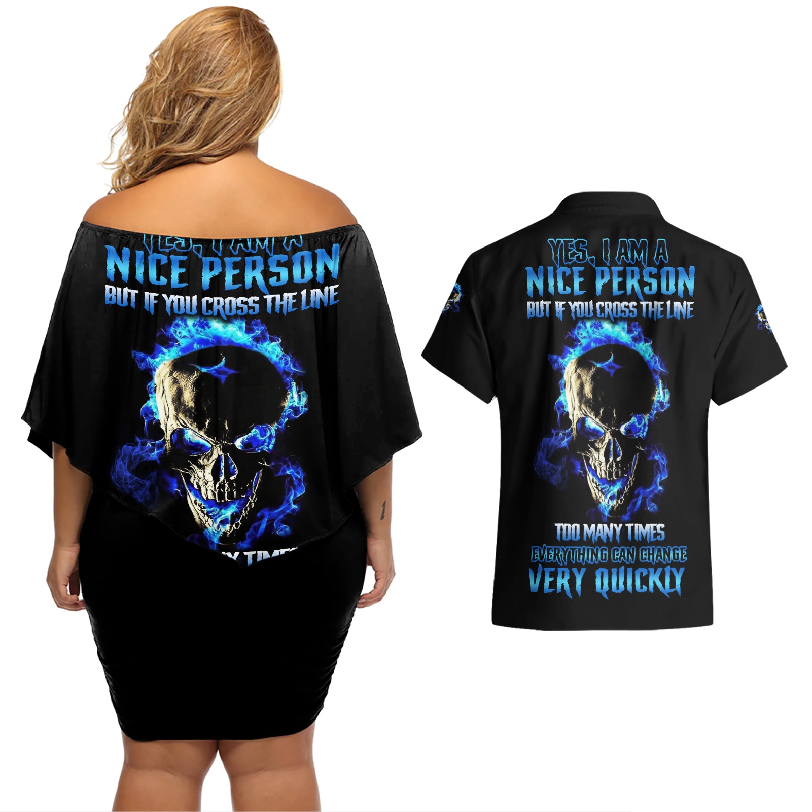 Yes I'm A Nice Person Skull Fire Couples Matching Off Shoulder Short Dress and Hawaiian Shirt - Wonder Print Shop