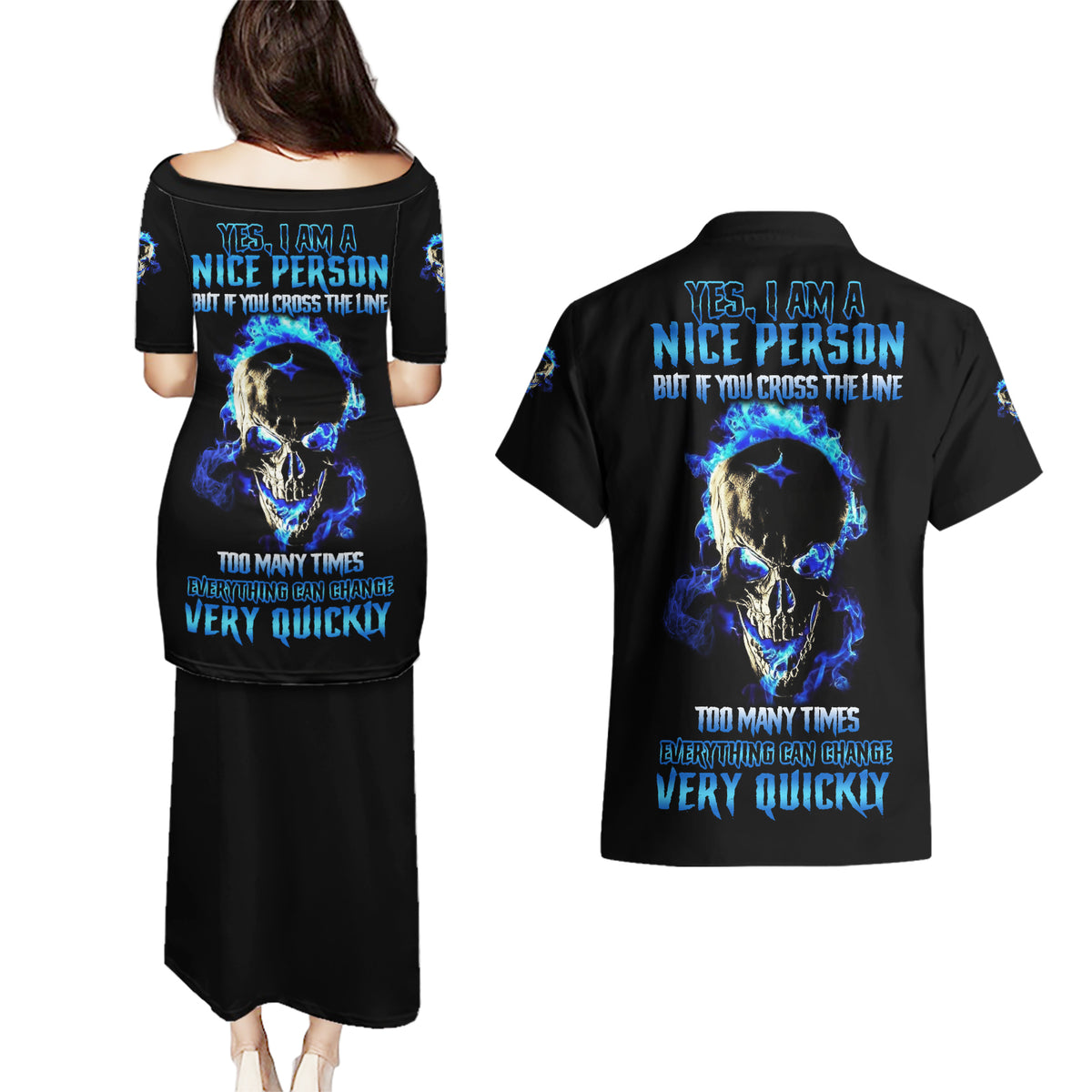 Yes I'm A Nice Person Skull Fire Couples Matching Puletasi Dress and Hawaiian Shirt - Wonder Print Shop