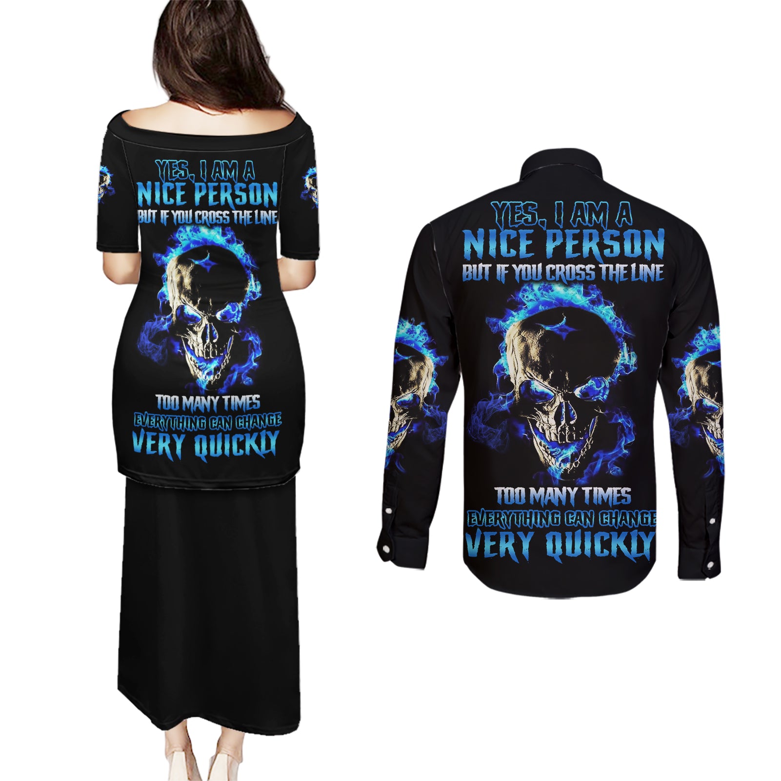 Yes I'm A Nice Person Skull Fire Couples Matching Puletasi Dress and Long Sleeve Button Shirt - Wonder Print Shop