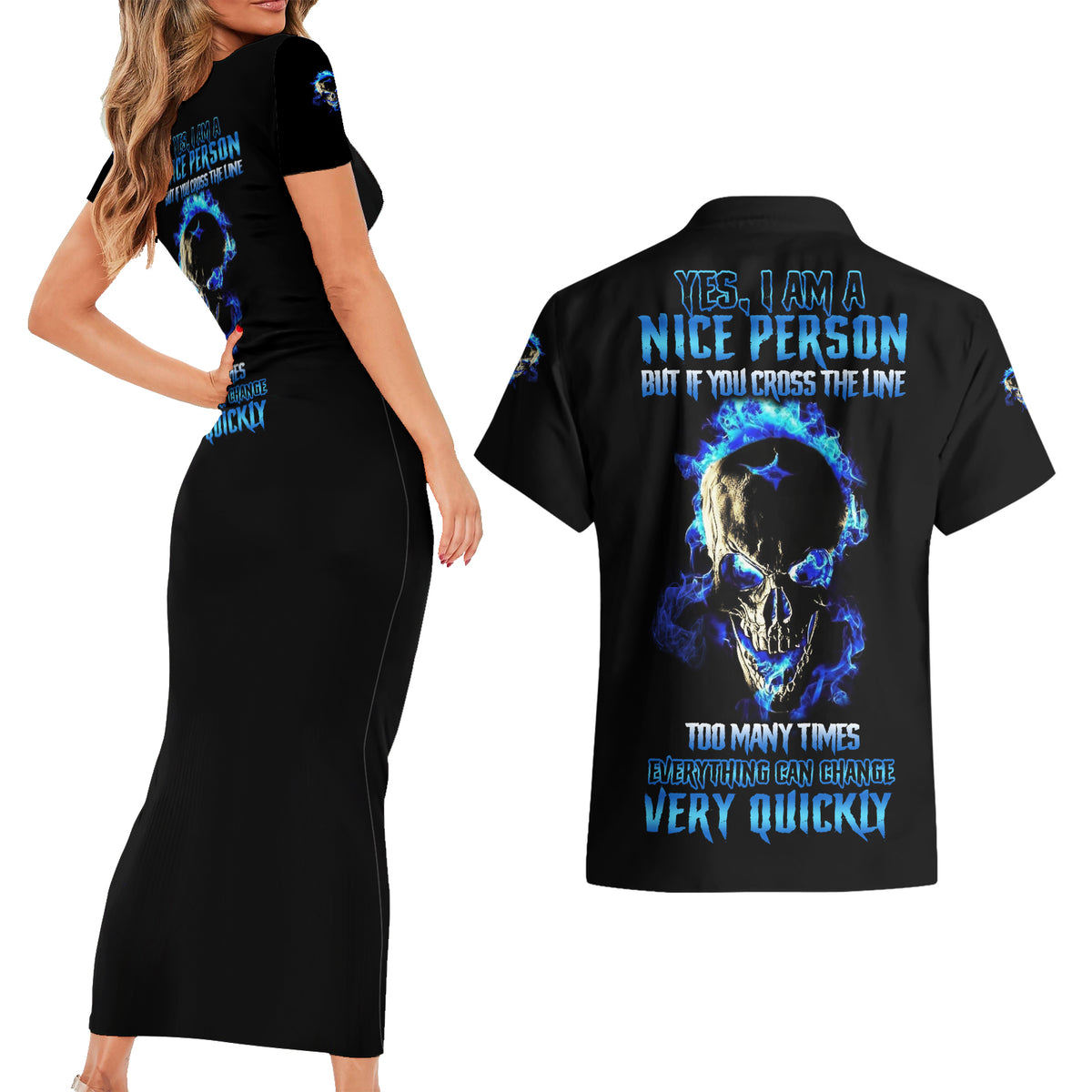Yes I'm A Nice Person Skull Fire Couples Matching Short Sleeve Bodycon Dress and Hawaiian Shirt - Wonder Print Shop