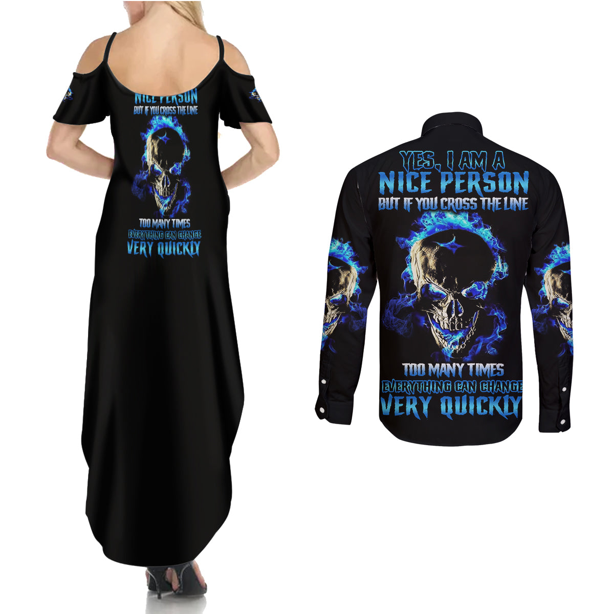 Yes I'm A Nice Person Skull Fire Couples Matching Summer Maxi Dress and Long Sleeve Button Shirt - Wonder Print Shop