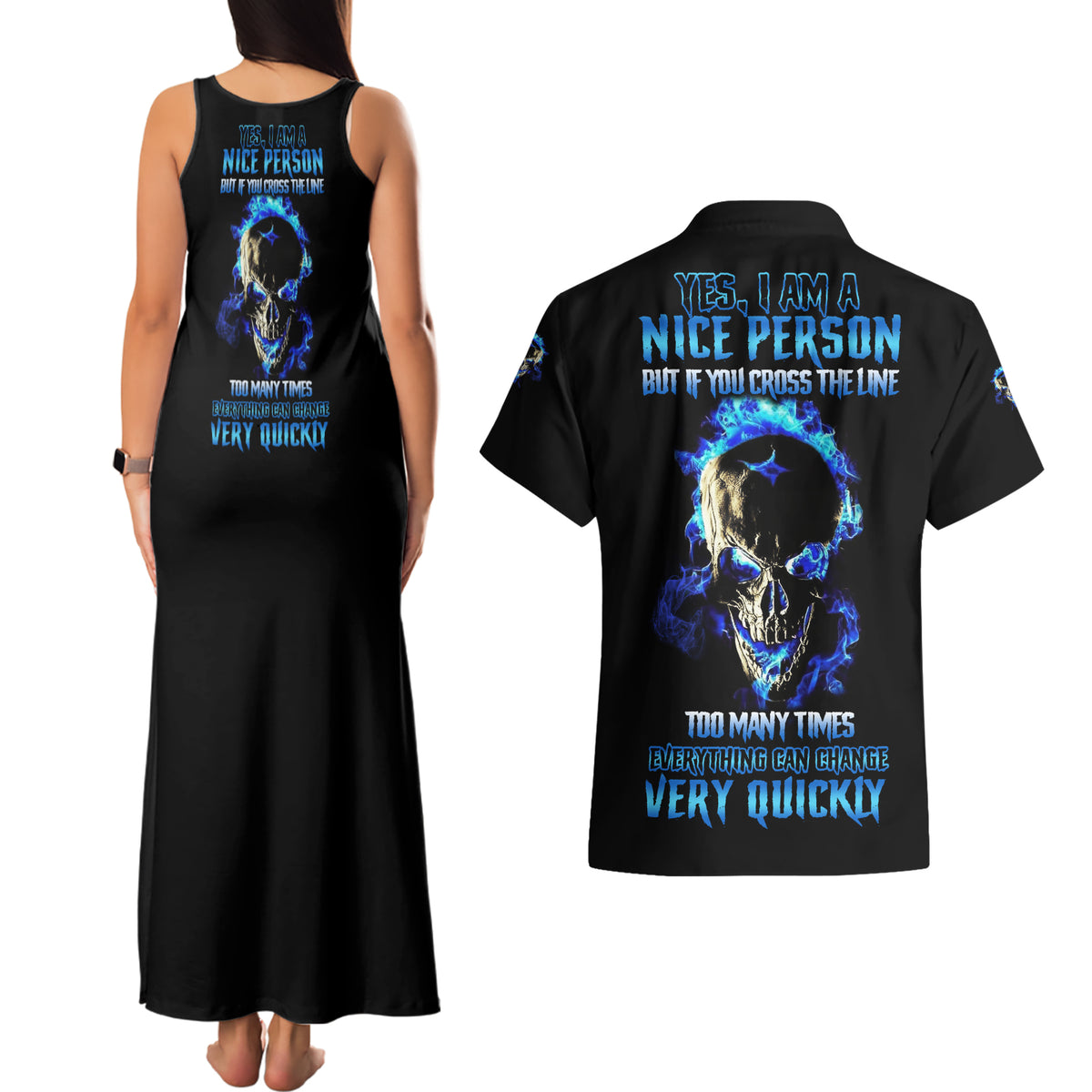 Yes I'm A Nice Person Skull Fire Couples Matching Tank Maxi Dress and Hawaiian Shirt - Wonder Print Shop