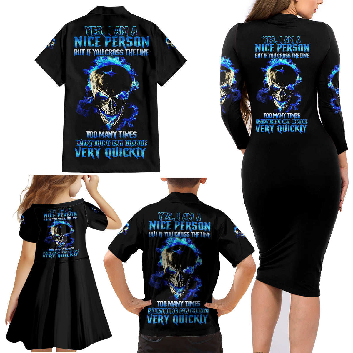 Yes I'm A Nice Person Skull Fire Family Matching Long Sleeve Bodycon Dress and Hawaiian Shirt - Wonder Print Shop