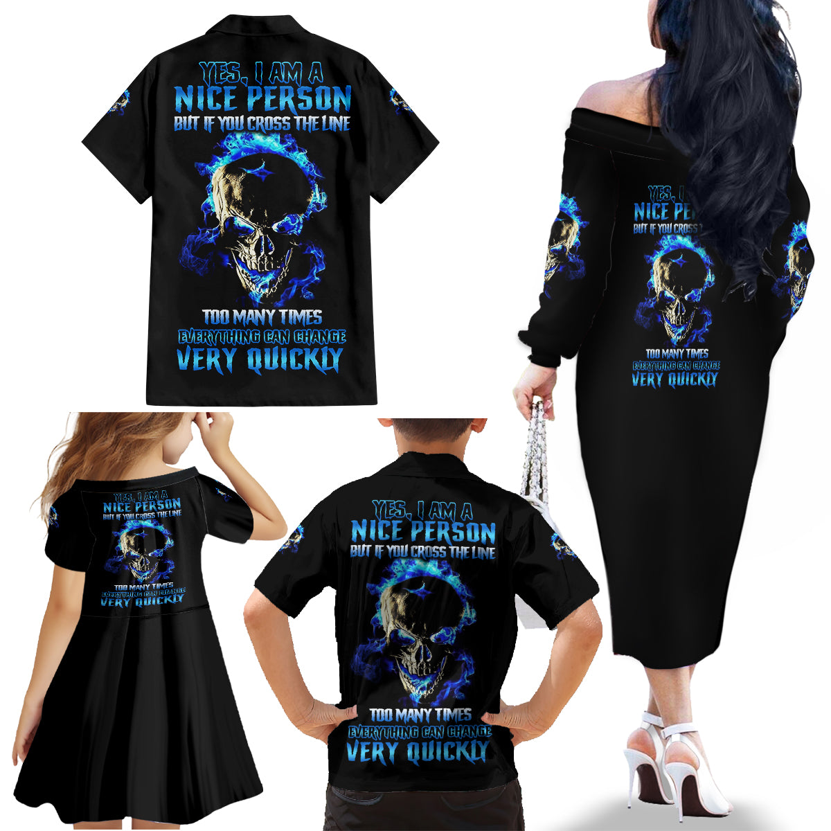 Yes I'm A Nice Person Skull Fire Family Matching Off Shoulder Long Sleeve Dress and Hawaiian Shirt - Wonder Print Shop