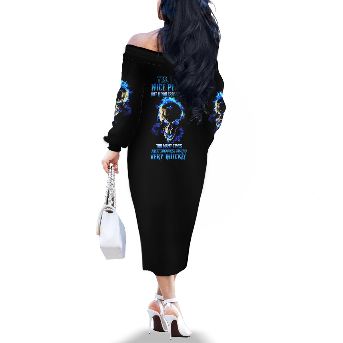 Yes I'm A Nice Person Skull Fire Family Matching Off Shoulder Long Sleeve Dress and Hawaiian Shirt - Wonder Print Shop
