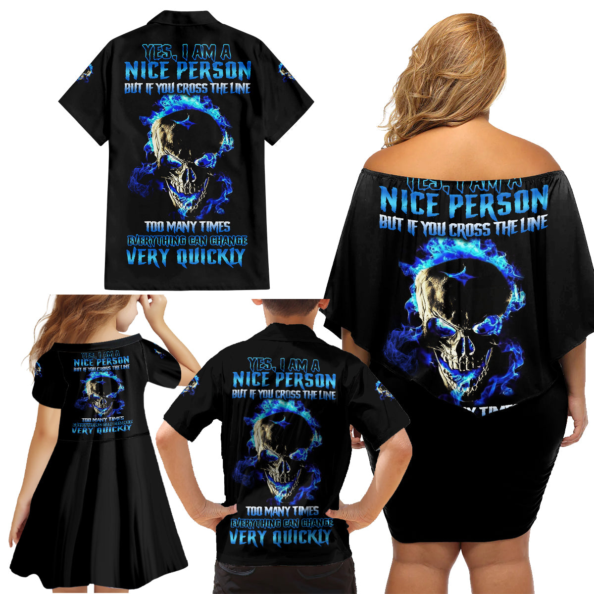 Yes I'm A Nice Person Skull Fire Family Matching Off Shoulder Short Dress and Hawaiian Shirt - Wonder Print Shop
