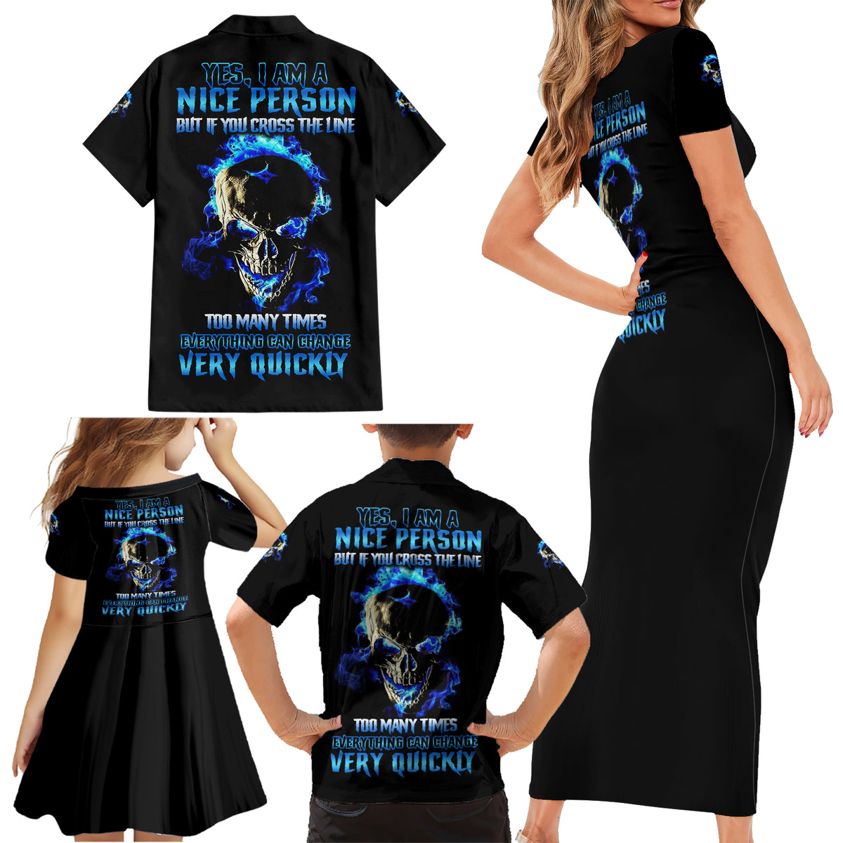Yes I'm A Nice Person Skull Fire Family Matching Short Sleeve Bodycon Dress and Hawaiian Shirt - Wonder Print Shop