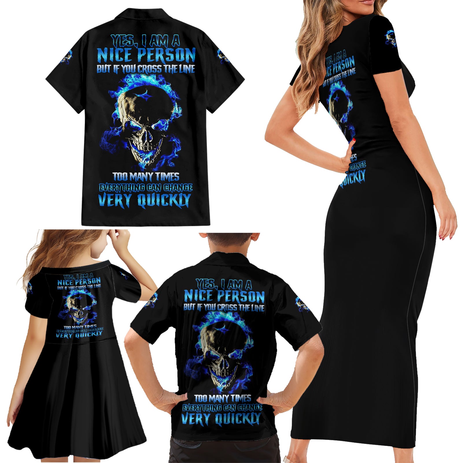 Yes I'm A Nice Person Skull Fire Family Matching Short Sleeve Bodycon Dress and Hawaiian Shirt - Wonder Print Shop