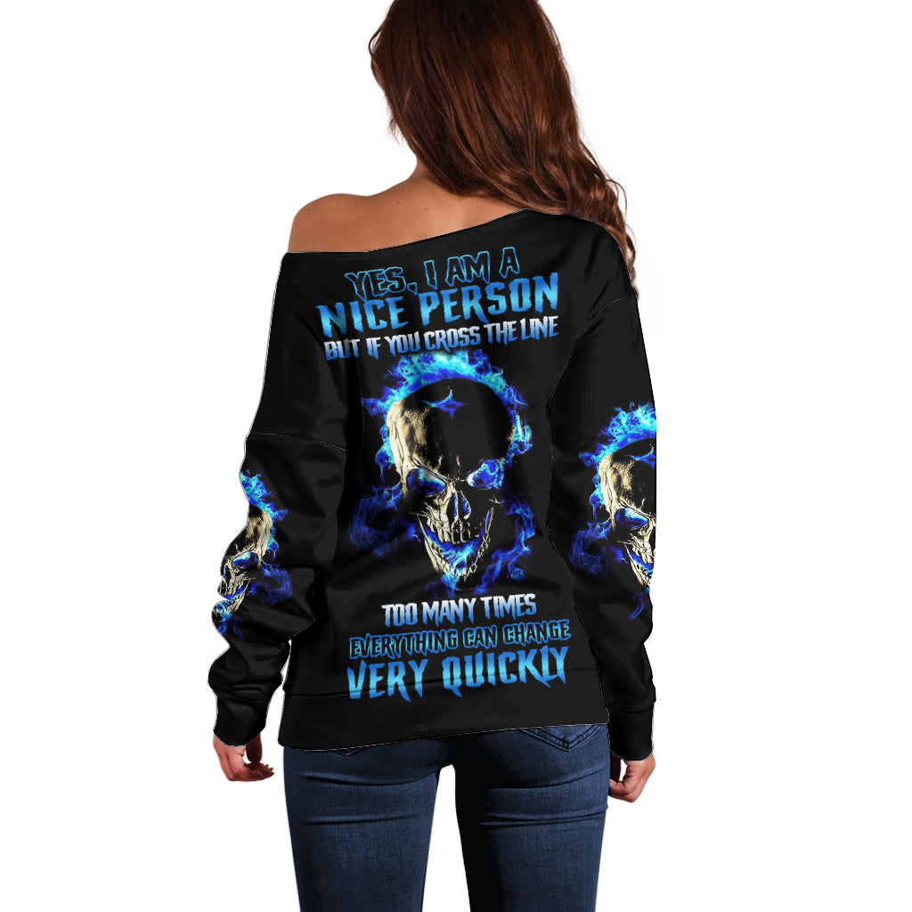 Yes I'm A Nice Person Skull Fire Off Shoulder Sweater - Wonder Print Shop