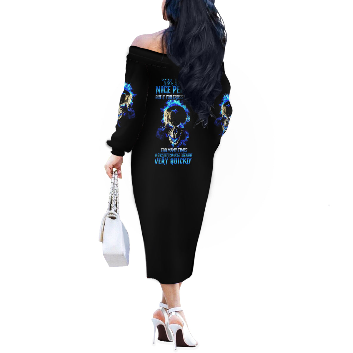 Yes I'm A Nice Person Skull Fire Off The Shoulder Long Sleeve Dress - Wonder Print Shop
