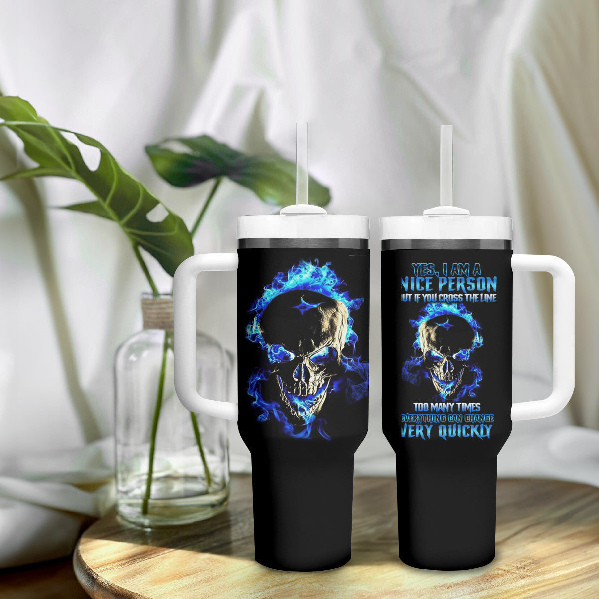 Yes I'm A Nice Person Skull Fire Tumbler With Handle - Wonder Print Shop