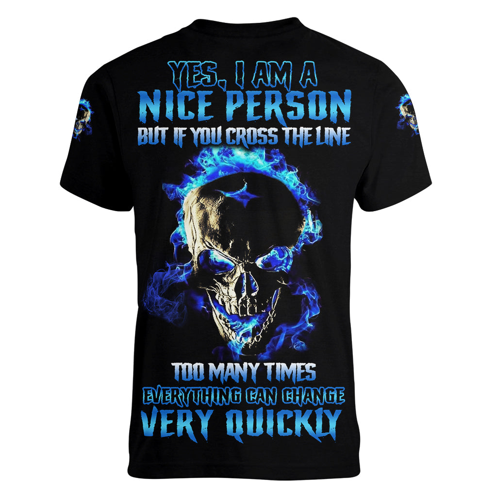 Yes I'm A Nice Person Skull Fire Women V Neck T Shirt - Wonder Print Shop