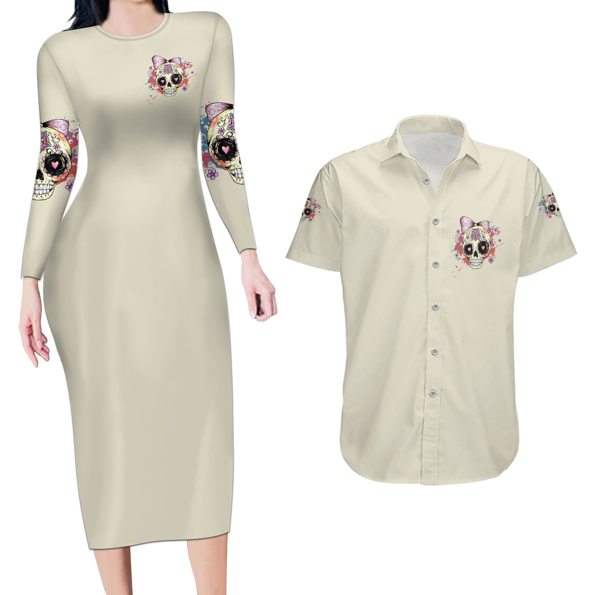 I Am A Sweet Girl Skull Couples Matching Long Sleeve Bodycon Dress and Hawaiian Shirt - Wonder Print Shop