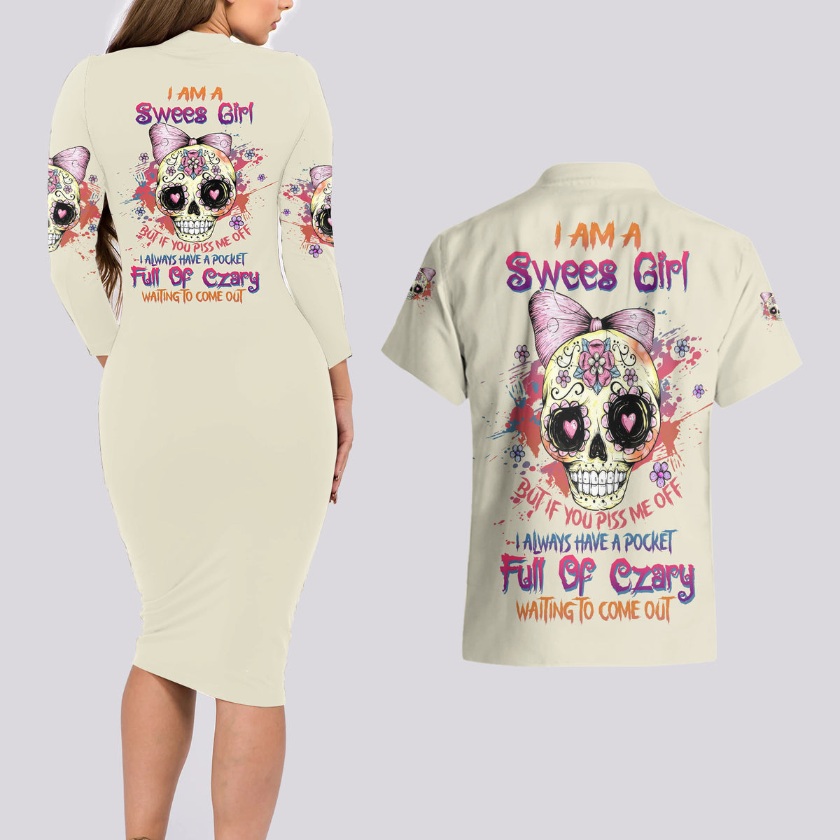 I Am A Sweet Girl Skull Couples Matching Long Sleeve Bodycon Dress and Hawaiian Shirt - Wonder Print Shop