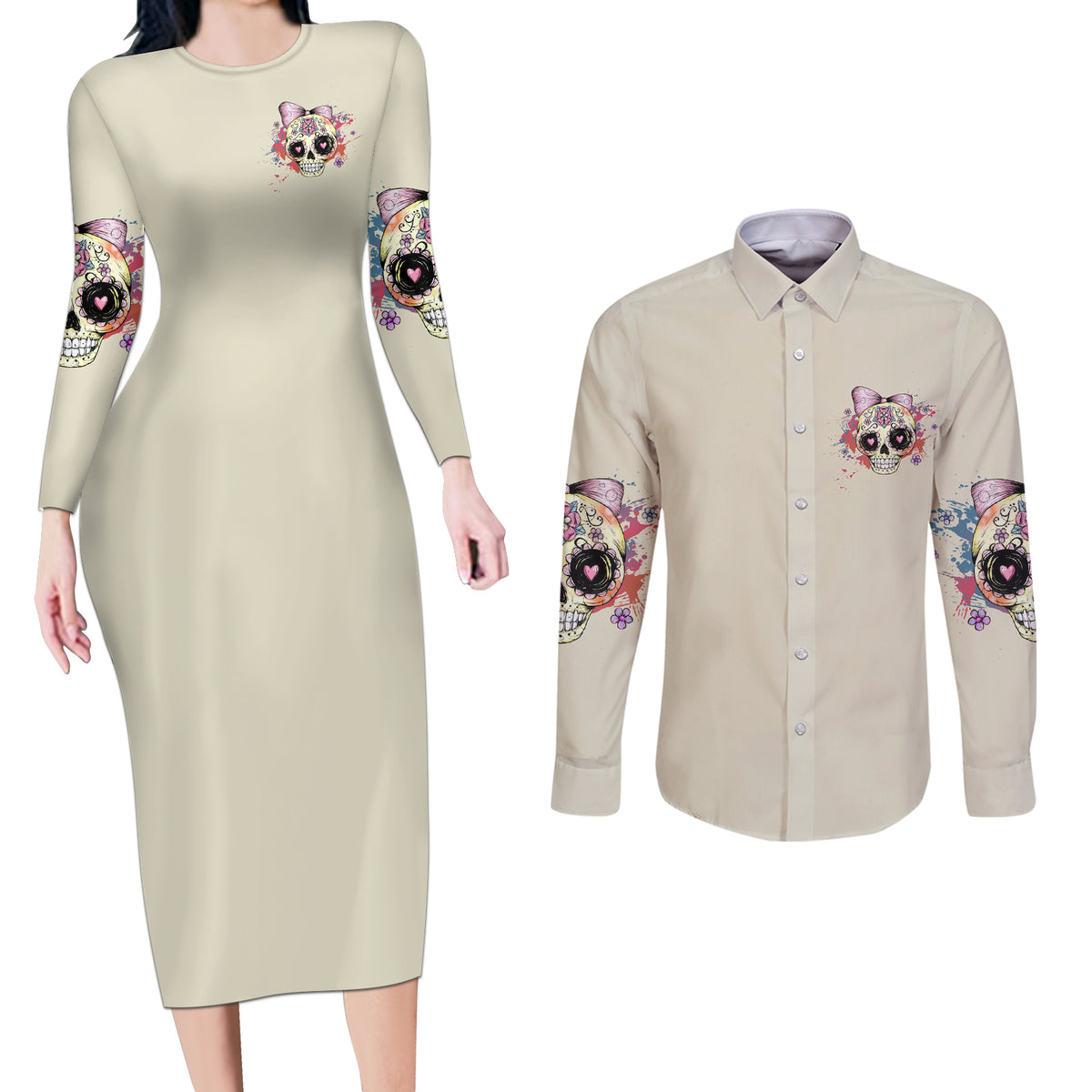 I Am A Sweet Girl Skull Couples Matching Long Sleeve Bodycon Dress and Long Sleeve Button Shirt - Wonder Print Shop