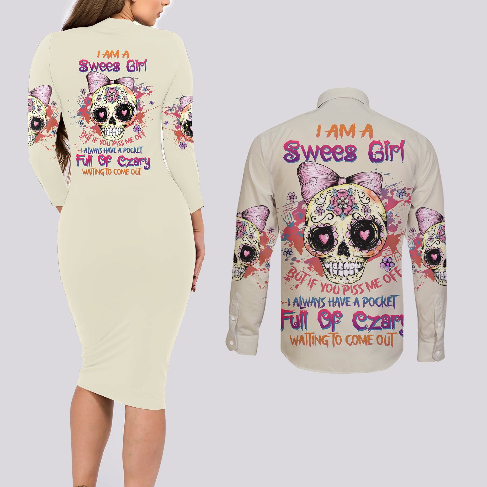 I Am A Sweet Girl Skull Couples Matching Long Sleeve Bodycon Dress and Long Sleeve Button Shirt - Wonder Print Shop