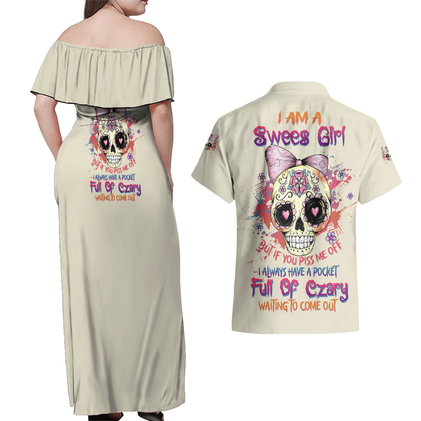 I Am A Sweet Girl Skull Couples Matching Off Shoulder Maxi Dress and Hawaiian Shirt - Wonder Print Shop
