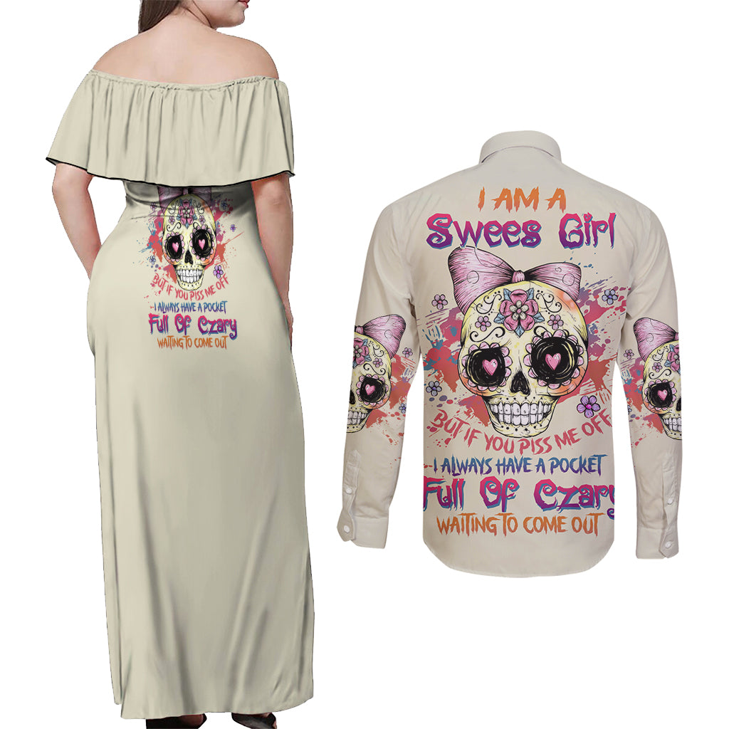 I Am A Sweet Girl Skull Couples Matching Off Shoulder Maxi Dress and Long Sleeve Button Shirt - Wonder Print Shop
