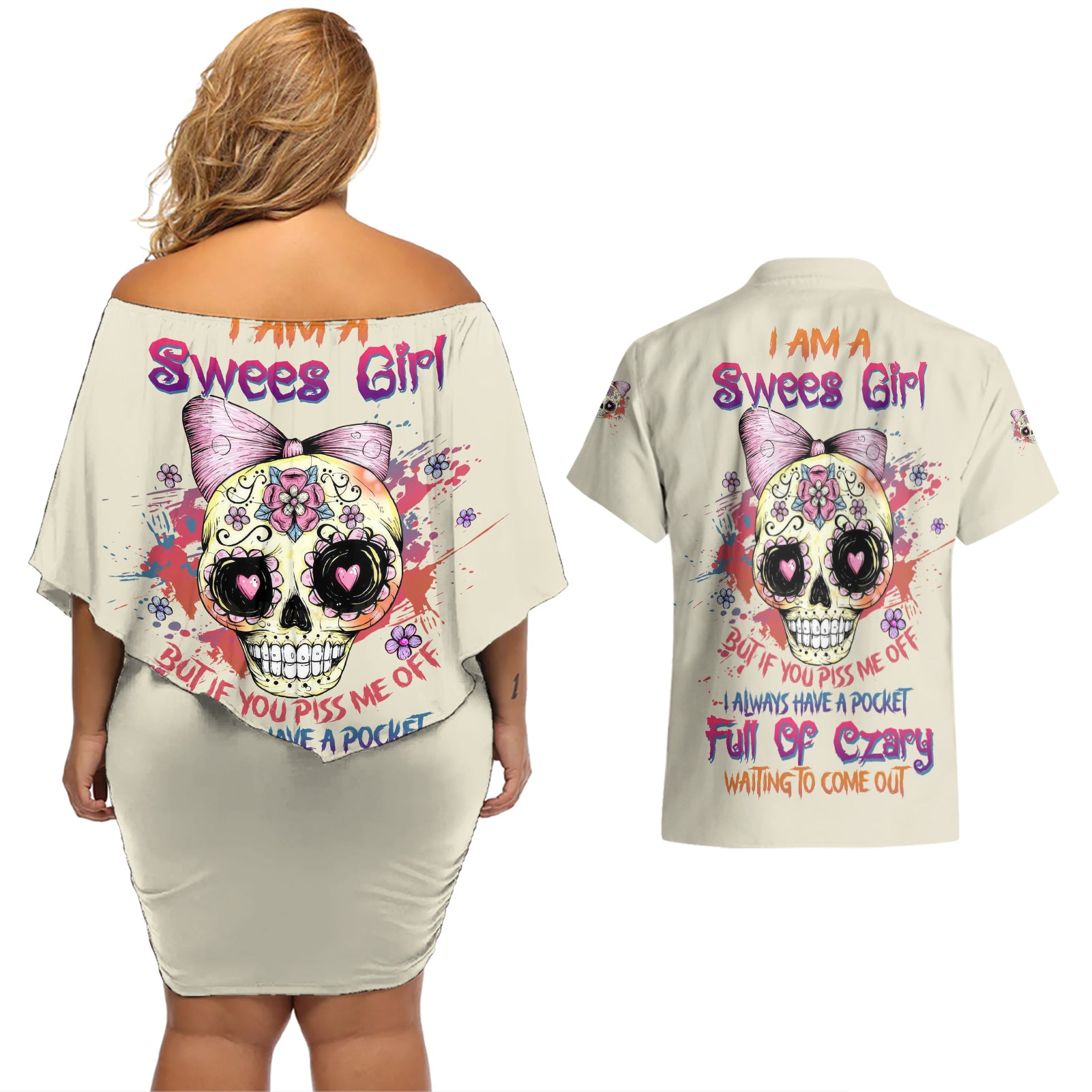 I Am A Sweet Girl Skull Couples Matching Off Shoulder Short Dress and Hawaiian Shirt - Wonder Print Shop
