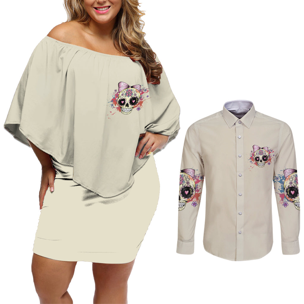 I Am A Sweet Girl Skull Couples Matching Off Shoulder Short Dress and Long Sleeve Button Shirt - Wonder Print Shop