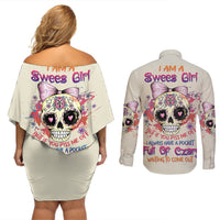 I Am A Sweet Girl Skull Couples Matching Off Shoulder Short Dress and Long Sleeve Button Shirt - Wonder Print Shop