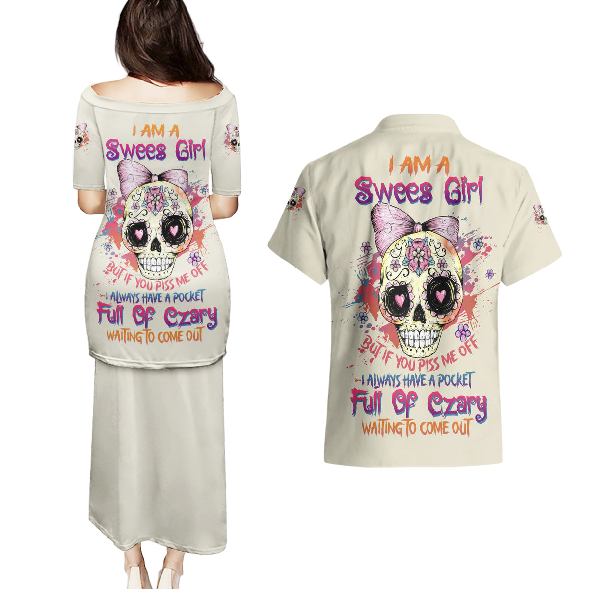 I Am A Sweet Girl Skull Couples Matching Puletasi Dress and Hawaiian Shirt - Wonder Print Shop
