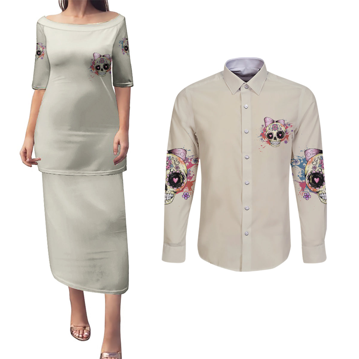 I Am A Sweet Girl Skull Couples Matching Puletasi Dress and Long Sleeve Button Shirt - Wonder Print Shop