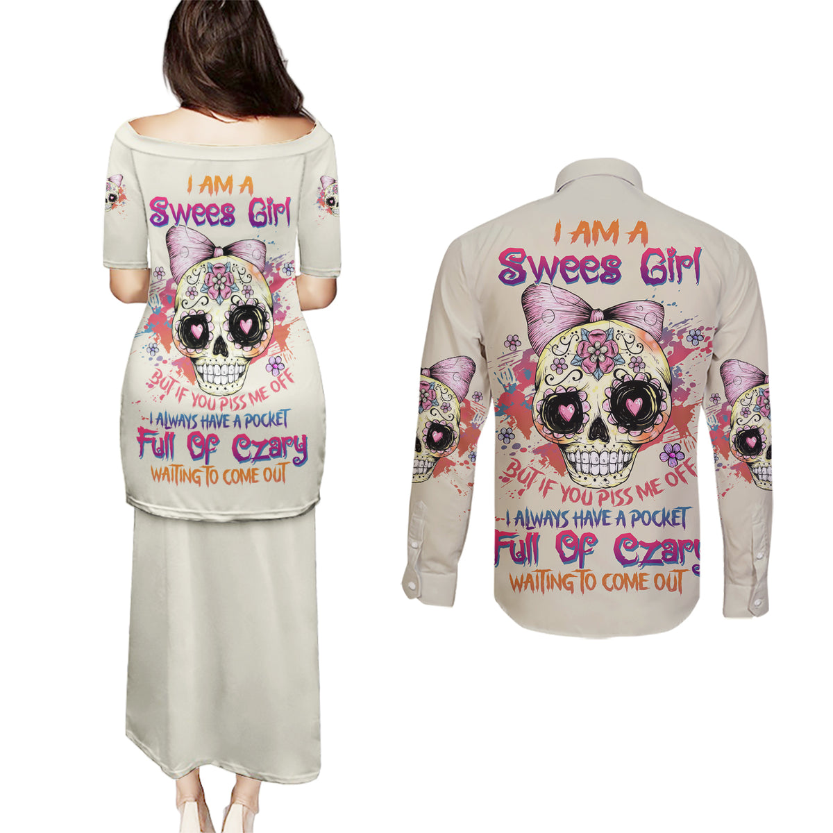 I Am A Sweet Girl Skull Couples Matching Puletasi Dress and Long Sleeve Button Shirt - Wonder Print Shop