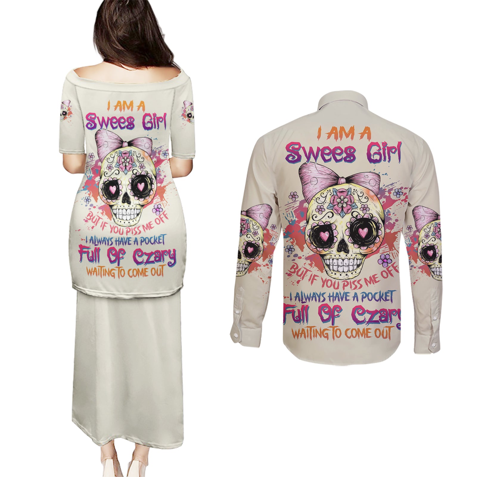 I Am A Sweet Girl Skull Couples Matching Puletasi Dress and Long Sleeve Button Shirt - Wonder Print Shop