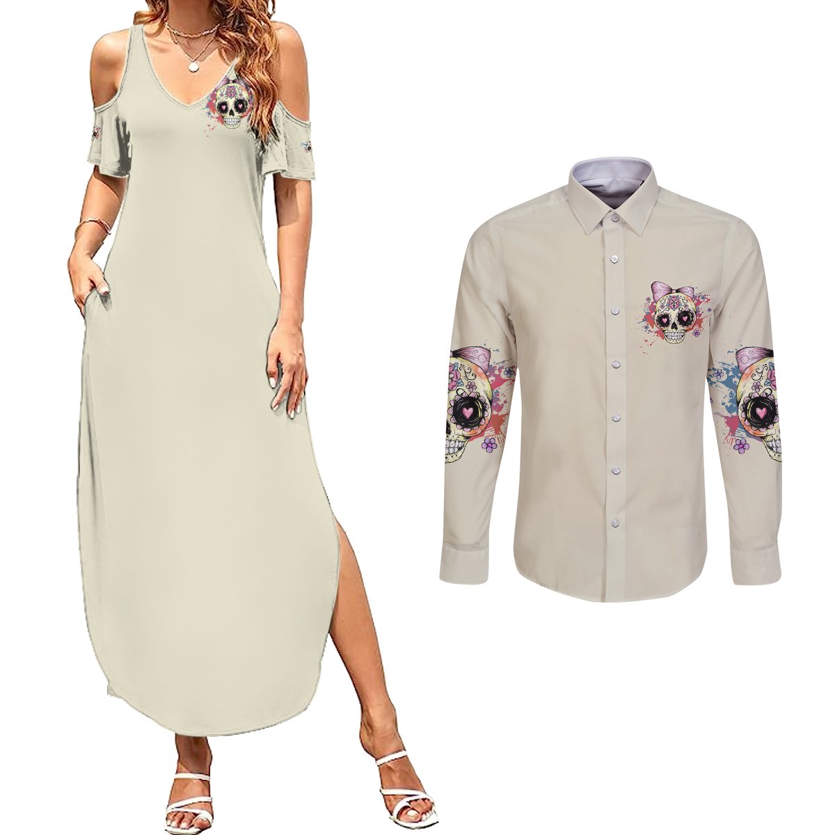 I Am A Sweet Girl Skull Couples Matching Summer Maxi Dress and Long Sleeve Button Shirt - Wonder Print Shop