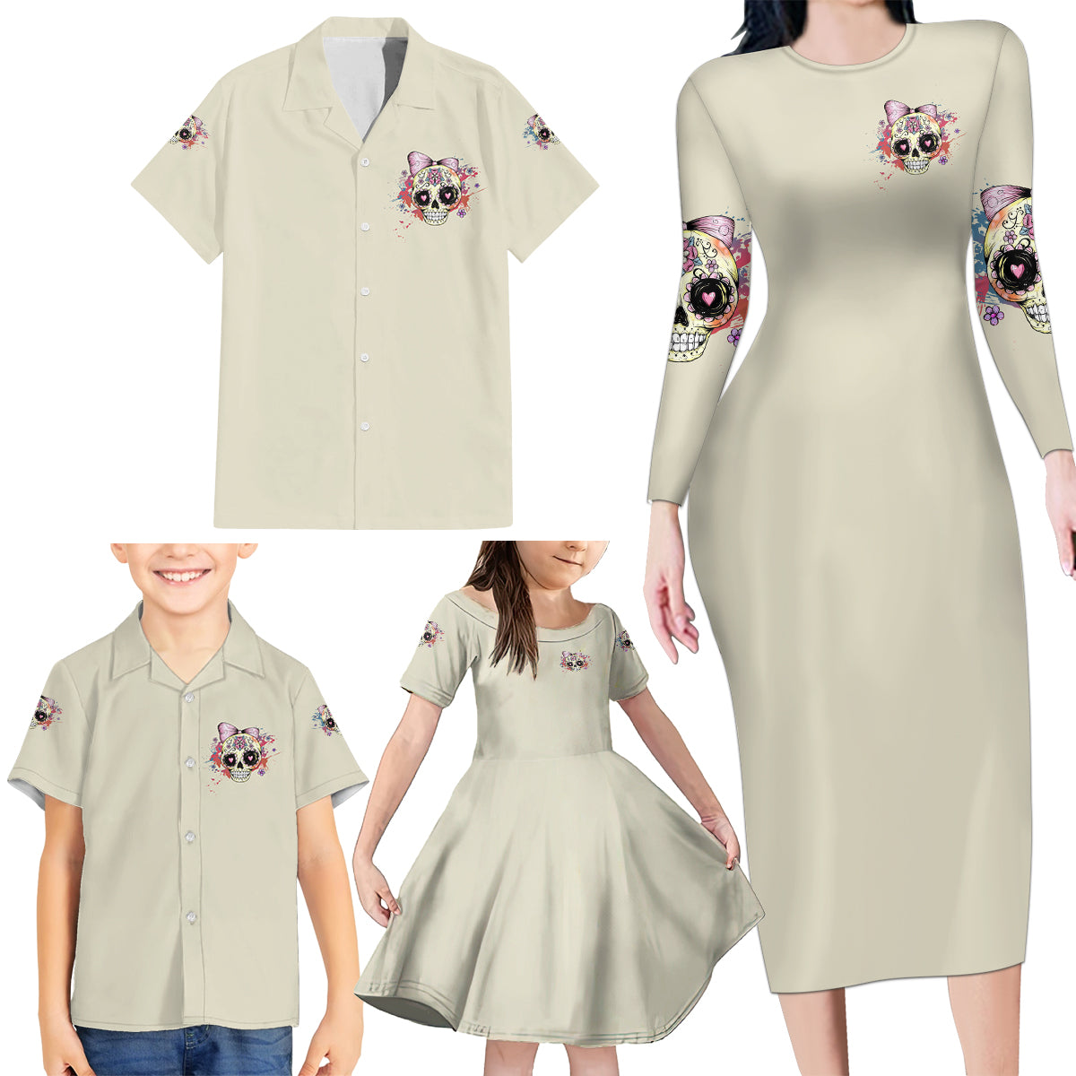 I Am A Sweet Girl Skull Family Matching Long Sleeve Bodycon Dress and Hawaiian Shirt - Wonder Print Shop