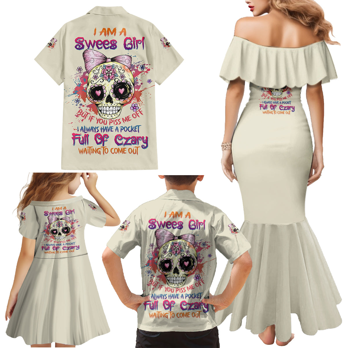 I Am A Sweet Girl Skull Family Matching Mermaid Dress and Hawaiian Shirt - Wonder Print Shop