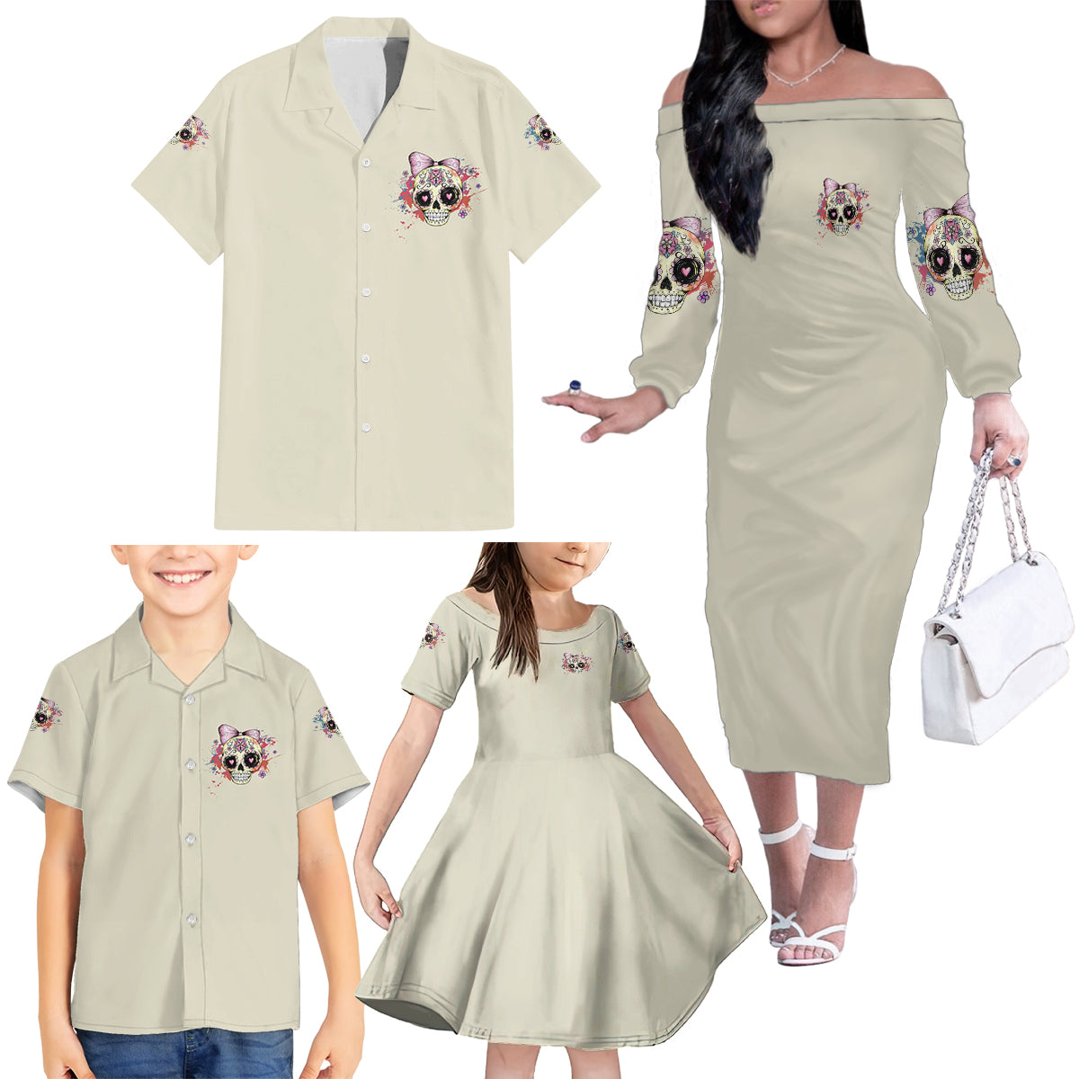 I Am A Sweet Girl Skull Family Matching Off Shoulder Long Sleeve Dress and Hawaiian Shirt - Wonder Print Shop