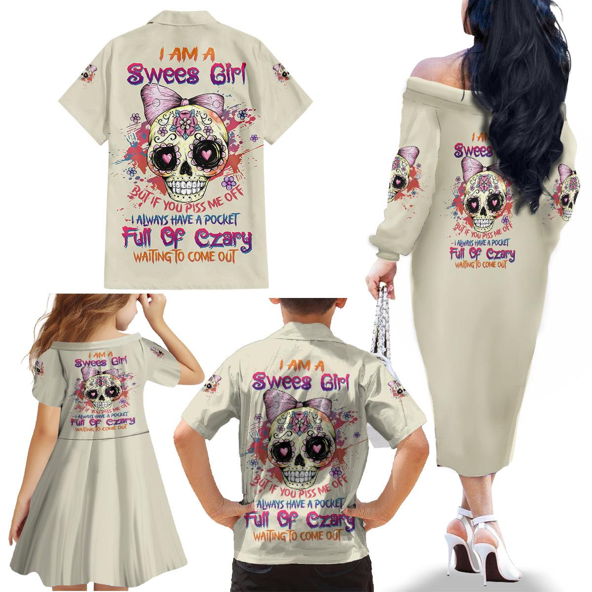 I Am A Sweet Girl Skull Family Matching Off Shoulder Long Sleeve Dress and Hawaiian Shirt - Wonder Print Shop