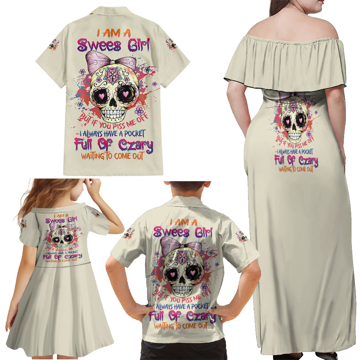 I Am A Sweet Girl Skull Family Matching Off Shoulder Maxi Dress and Hawaiian Shirt - Wonder Print Shop