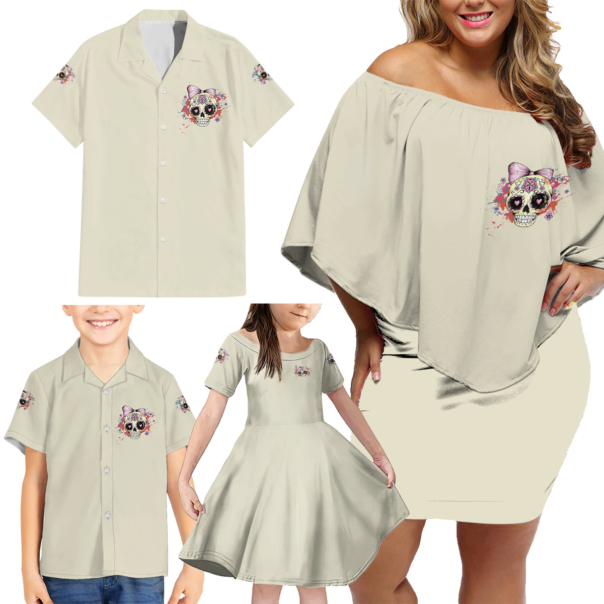 I Am A Sweet Girl Skull Family Matching Off Shoulder Short Dress and Hawaiian Shirt - Wonder Print Shop