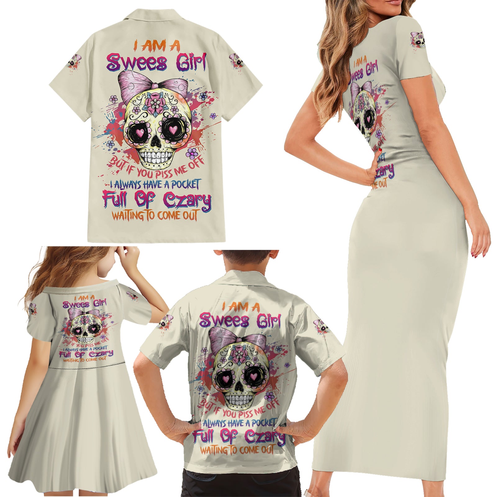 I Am A Sweet Girl Skull Family Matching Short Sleeve Bodycon Dress and Hawaiian Shirt - Wonder Print Shop