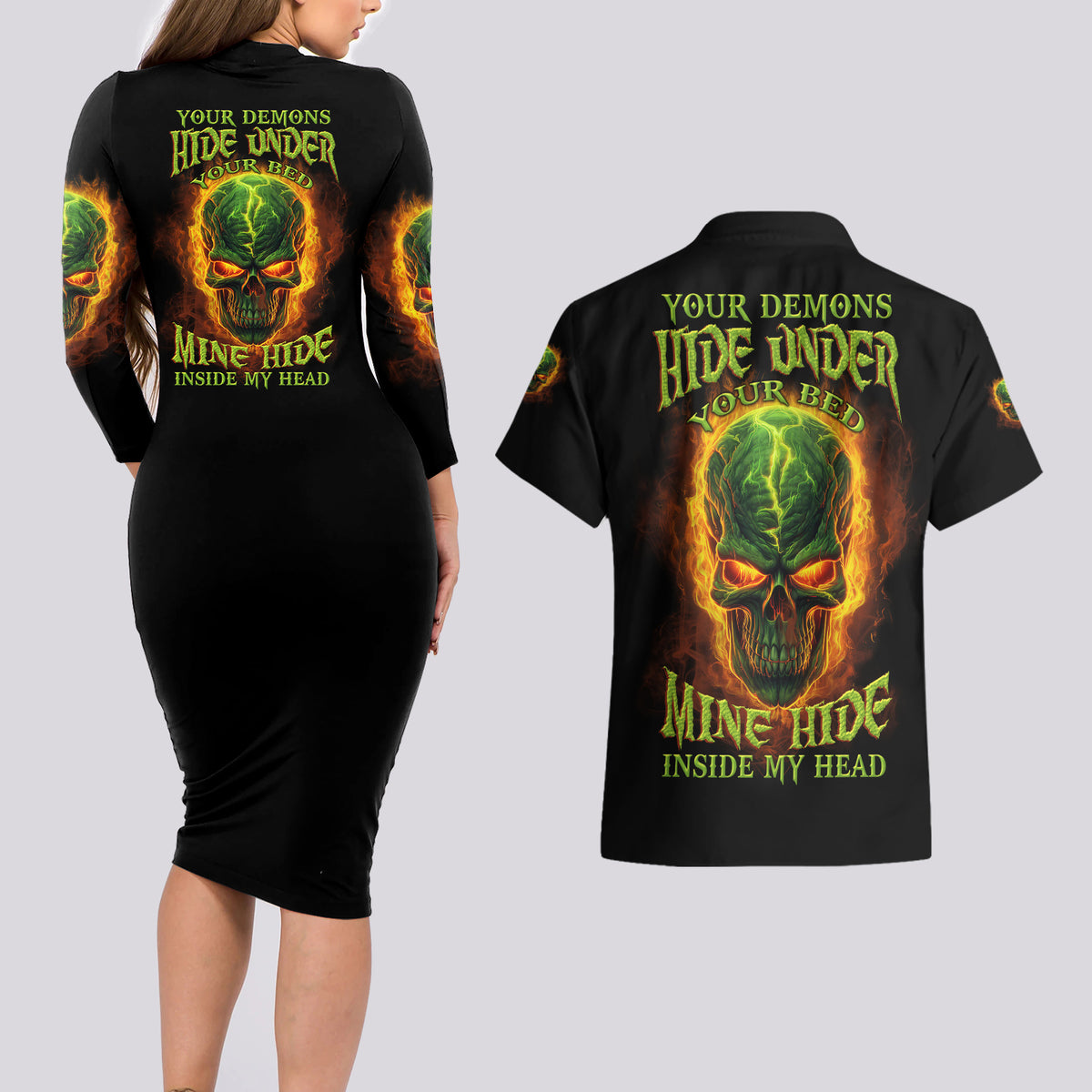 Your Demons Hide Under Your Bed Couples Matching Long Sleeve Bodycon Dress and Hawaiian Shirt - Wonder Print Shop